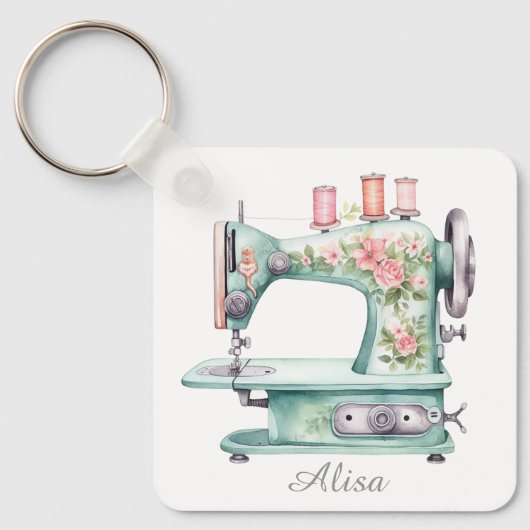 Blauwe bloemensleutelhanger met naaimachine sleutelhanger (Voorkant)