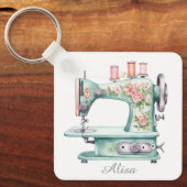 Blauwe bloemensleutelhanger met naaimachine sleutelhanger (Voorkant)