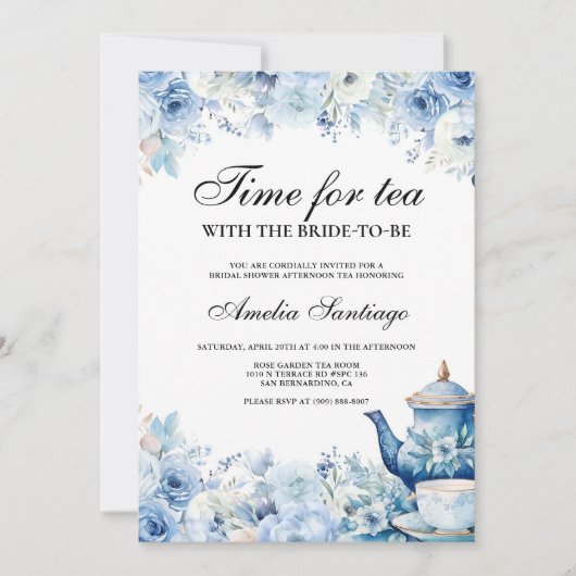 Blauwe bloementhee met bruid om Vrijgezellenfeest  Kaart (Voorkant)