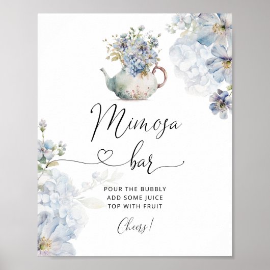 Blauwe bloementhee party mimosa bar teken poster (Voorkant)
