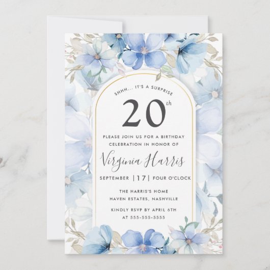 Blauwe bloementuin 20e verjaardag kaart (Voorkant)
