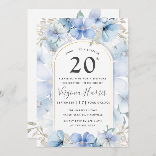 Blauwe bloementuin 20e verjaardag kaart (Voorkant / Achterkant)