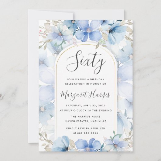 Blauwe bloementuin 60ste verjaardag kaart (Voorkant)