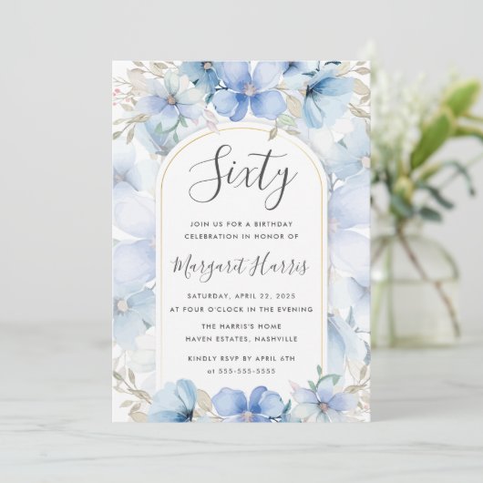 Blauwe bloementuin 60ste verjaardag kaart (Staand voorkant)