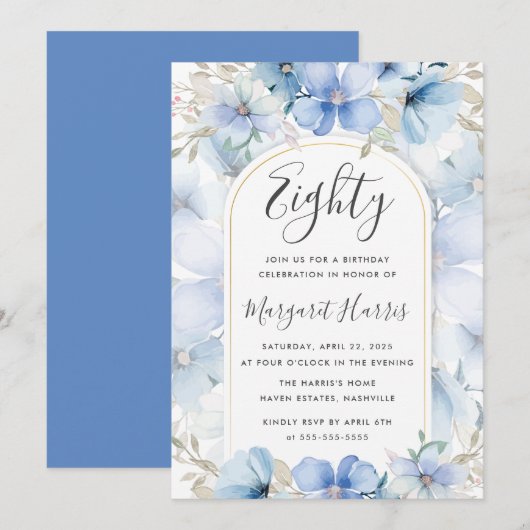 Blauwe bloementuin 80ste tachtig verjaardag kaart (Voorkant / Achterkant)