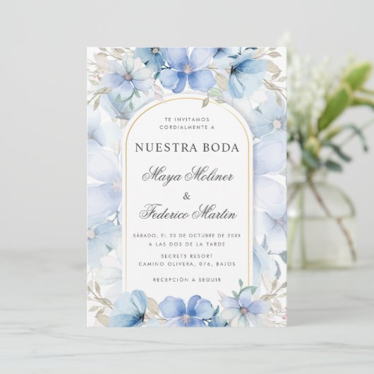 Blauwe Bloementuin Nuestra Boda Spaanse bruiloft Kaart (Staand voorkant)