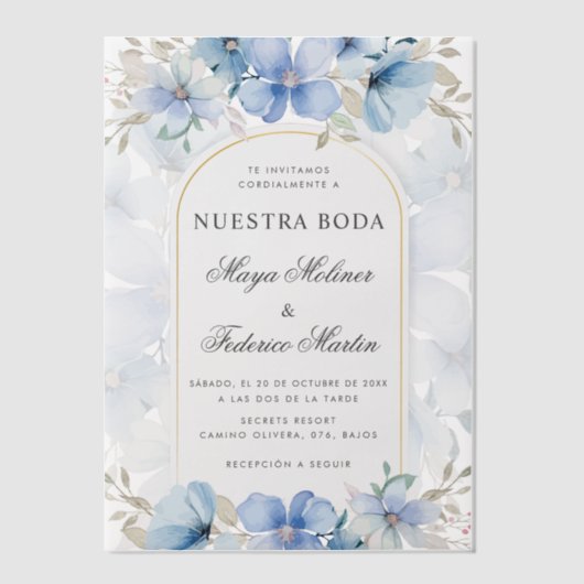 Blauwe Bloementuin Nuestra Boda Spaanse bruiloft Vellum Uitnodigingen (Voorkant)