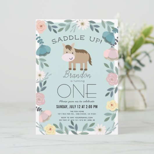 Blauwe Bloementuin Paard Jongen 1e Verjaardag Kaart (Staand voorkant)