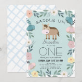 Blauwe Bloementuin Paard Jongen 1e Verjaardag Kaart (Voorkant / Achterkant)