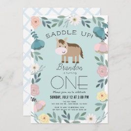 Blauwe Bloementuin Paard Jongen 1e Verjaardag Kaart