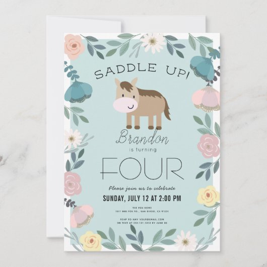 Blauwe Bloementuin Paard Jongen Verjaardag Kaart (Voorkant)