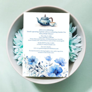 Blauwe Bloementuin Thee Party Bruidsborrel Uitnodi Kaart