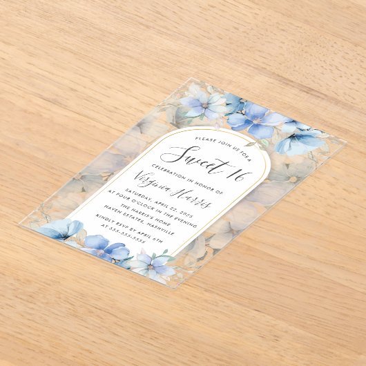 Blauwe Bloementuin Zoet Zestien 16 Verjaardag Acryl Uitnodigingen (Laagn)