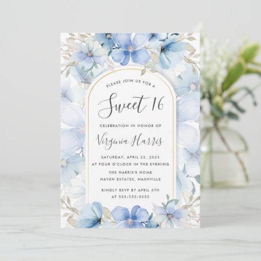Blauwe Bloementuin Zoet Zestien 16 Verjaardag Kaart (Staand voorkant)