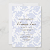 Blauwe bloemenuitnodiging voor de Eerste Heilige C Kaart (Voorkant)