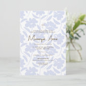 Blauwe bloemenuitnodiging voor de Eerste Heilige C Kaart (Staand voorkant)