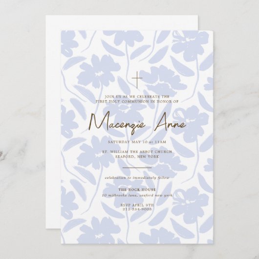 Blauwe bloemenuitnodiging voor de Eerste Heilige C Kaart (Voorkant / Achterkant)