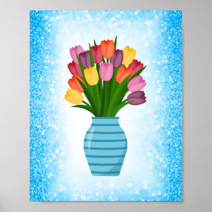 Blauwe Bloemenvaas met kleurrijke Tulpen met Rand Poster