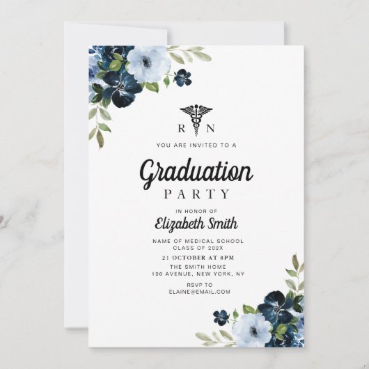 Blauwe bloemenverpleging afstudeerfeest kaart (Voorkant)