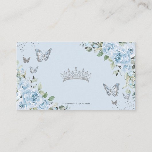 Blauwe Bloemenvlinders Quinceañera QR-code RSVP Informatiekaartje (Achterkant)
