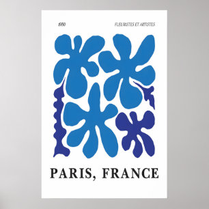 Blauwe Bloemige Abstracte Kunstprint 1950s Parijs Poster