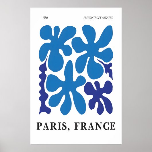 Blauwe Bloemige Abstracte Kunstprint 1950s Parijs Poster (Voorkant)