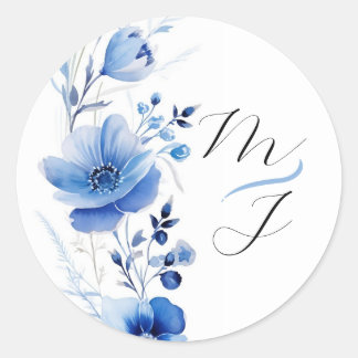 Blauwe Bloemige Aquarel Botanisch  Ronde Sticker
