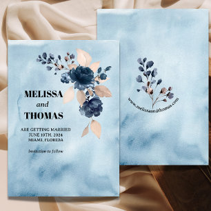 Blauwe Bloemige Aquarel Save The Date Aankondiging