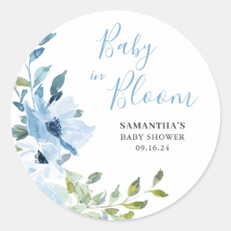 Blauwe bloemige baby in bloei jongens douche ronde sticker