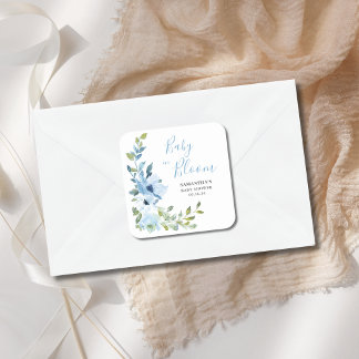 Blauwe bloemige baby in bloei shower vierkante sticker