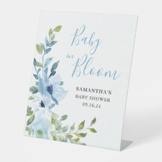 Blauwe Bloemige Baby In Bloom Shower Reclamebord Met Voetstuk