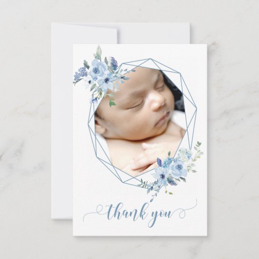 Blauwe bloemige baby jongen douche foto dank u kaa bedankkaart (Voorkant)