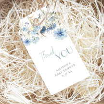 Blauwe bloemige baby shower favor dankbetuiging