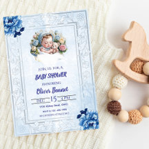 Blauwe bloemige baby shower uitnodiging in vintage