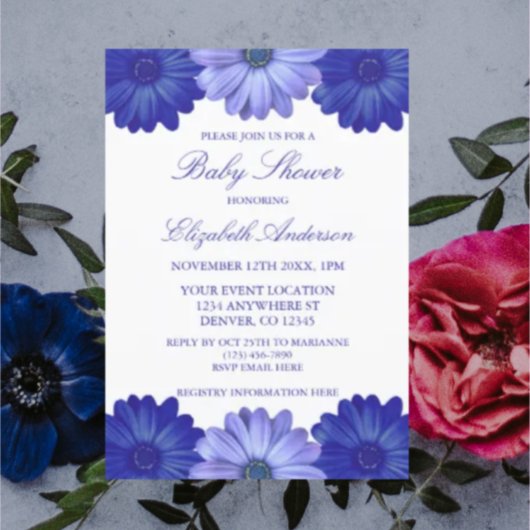 Blauwe bloemige babyshower kaart
