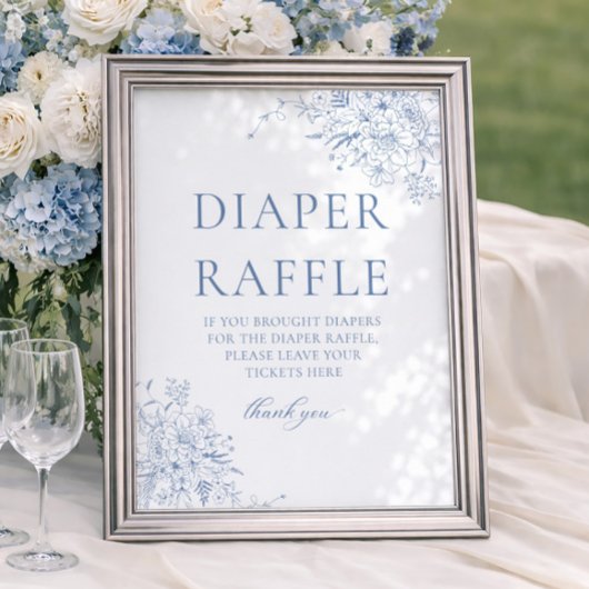 Blauwe bloemige babyshower luierspel poster