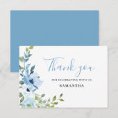 Blauwe bloemige babyshower platte bedankkaart (Voorkant / Achterkant)