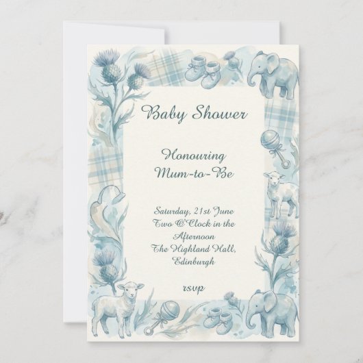 Blauwe bloemige babyshower uitnodiging (Voorkant)
