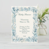 Blauwe bloemige babyshower uitnodiging (Staand voorkant)