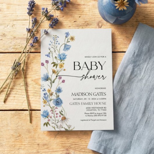 Blauwe bloemige babyshower uitnodiging 