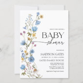 Blauwe bloemige babyshower uitnodiging  (Voorkant)
