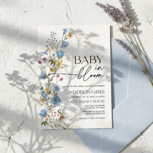 Blauwe bloemige babyshower uitnodiging, Baby in Bl Kaart