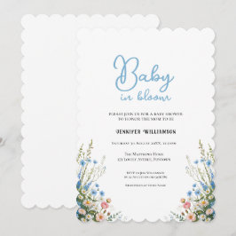 Blauwe bloemige babyshower uitnodiging, Baby in Bl Kaart