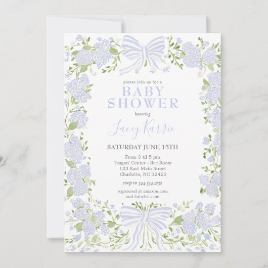 Blauwe bloemige babyshower uitnodiging,  kaart (Voorkant)