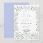 Blauwe bloemige babyshower uitnodiging,  kaart (Voorkant / Achterkant)