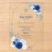 Blauwe Bloemige Bautizo Spaanse Acryl Uitnodiging (Voorkant)