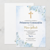 Blauwe Bloemige Bautizo Spaanse Uitnodiging (Voorkant / Achterkant)