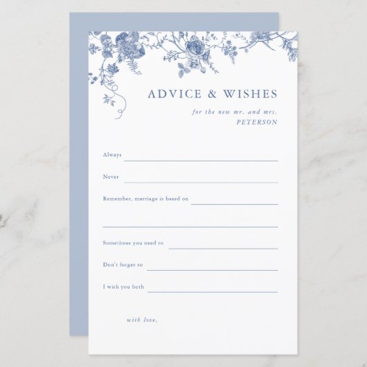 Blauwe bloemige bruidsbad-advies- en wenskaart (Voorkant / Achterkant)