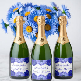 Blauwe bloemige bruidsmeisjesborrel sparkling wijnetiket