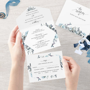 Blauwe bloemige bruiloft met geperforeerde RSVP All In One Uitnodiging